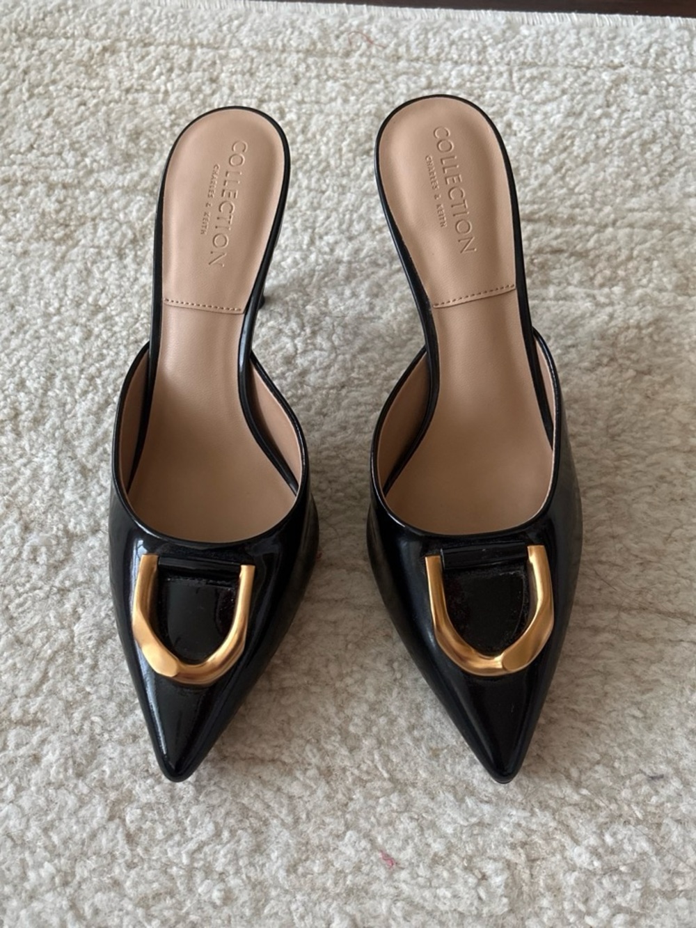 Charles & Keith Black Patent Pointed Mule with Gold Accent Hardware